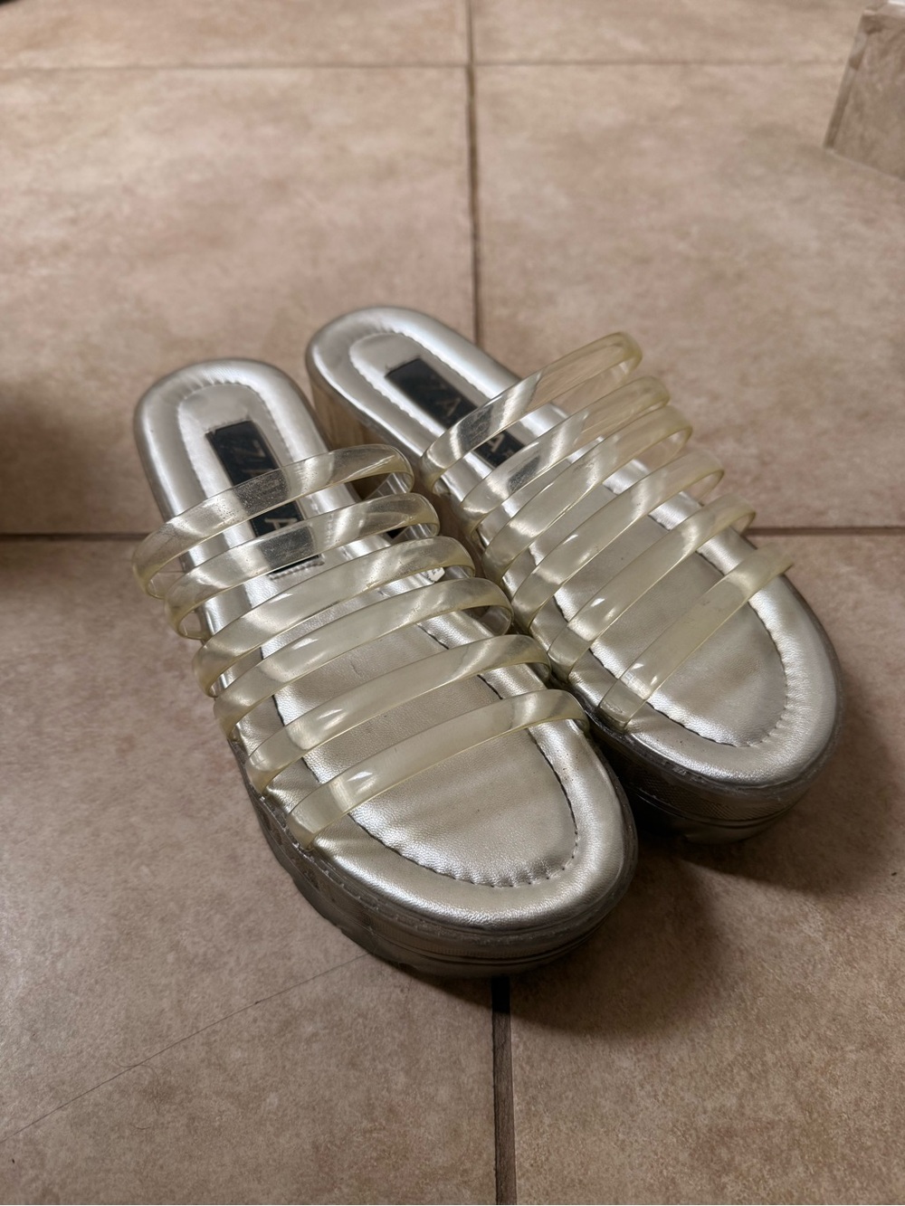 Zara Silver Platform Slide Sandals with Clear Straps